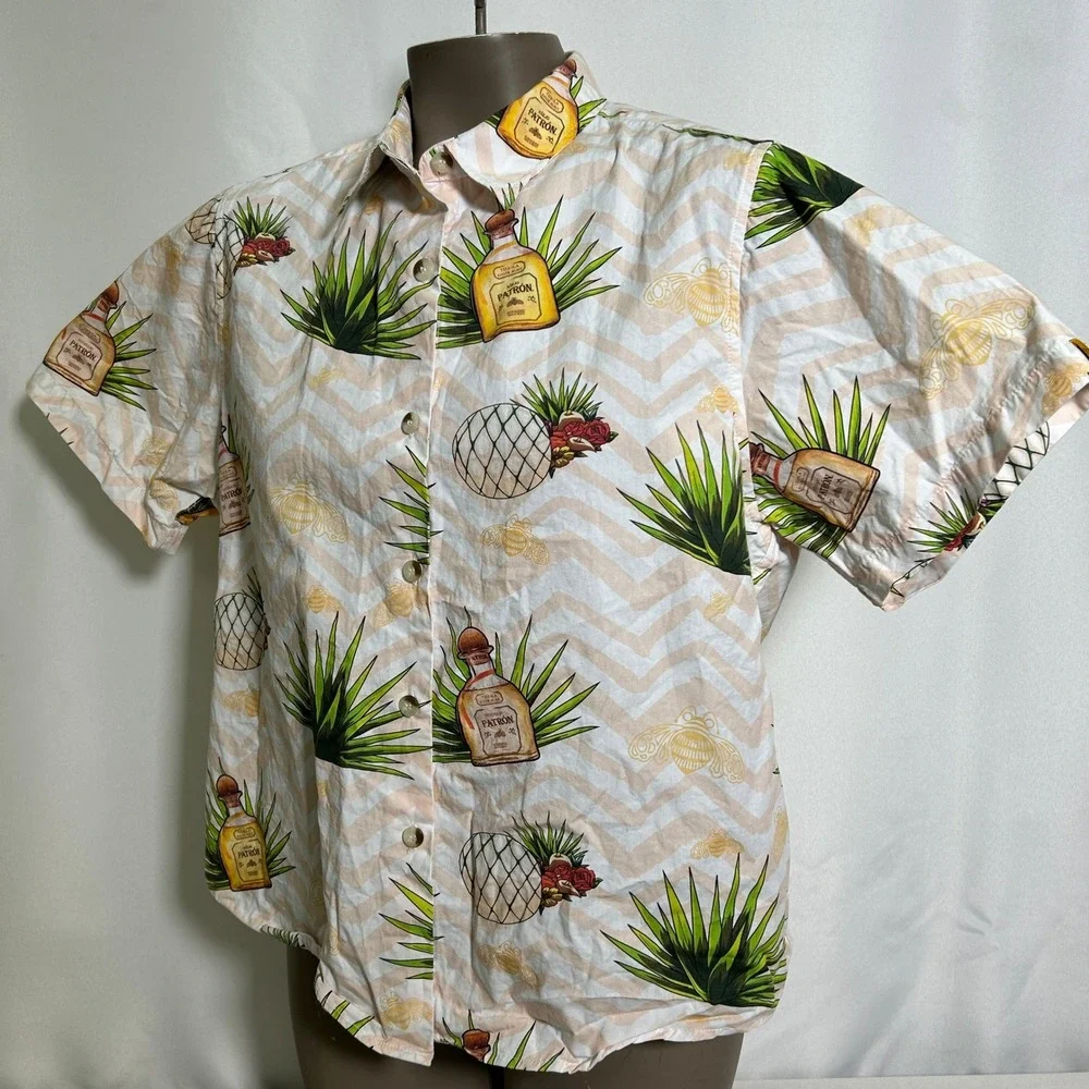 Patron Tequila Bottle Simply Perfect Button Down Beige Hawaiian Shirt Women's XL